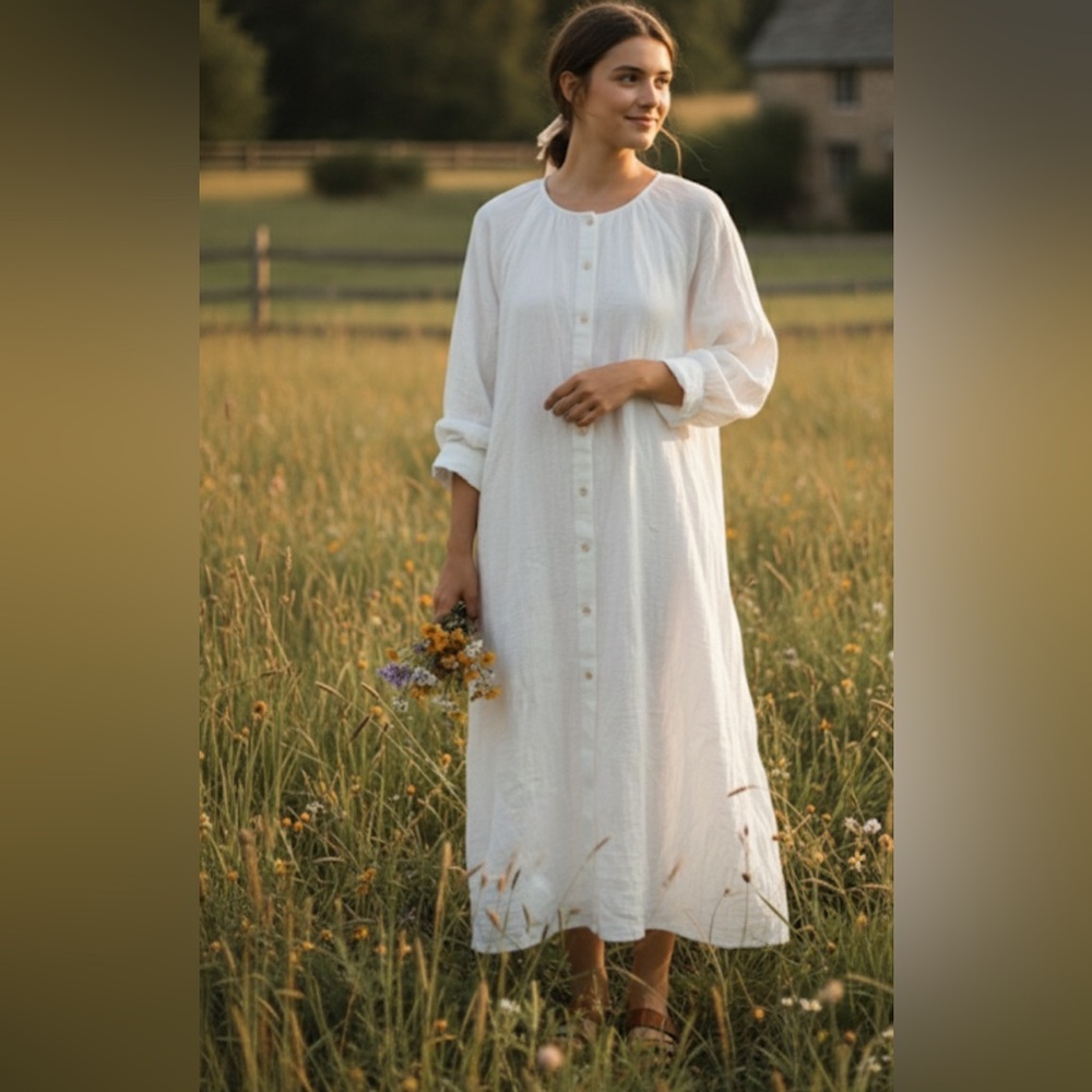 White Button-Front Midi Dress